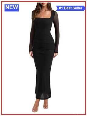 Long Sleeve Square Neck Maxi Dress Wedding Guest Sheer Mesh Ruched Mermaid